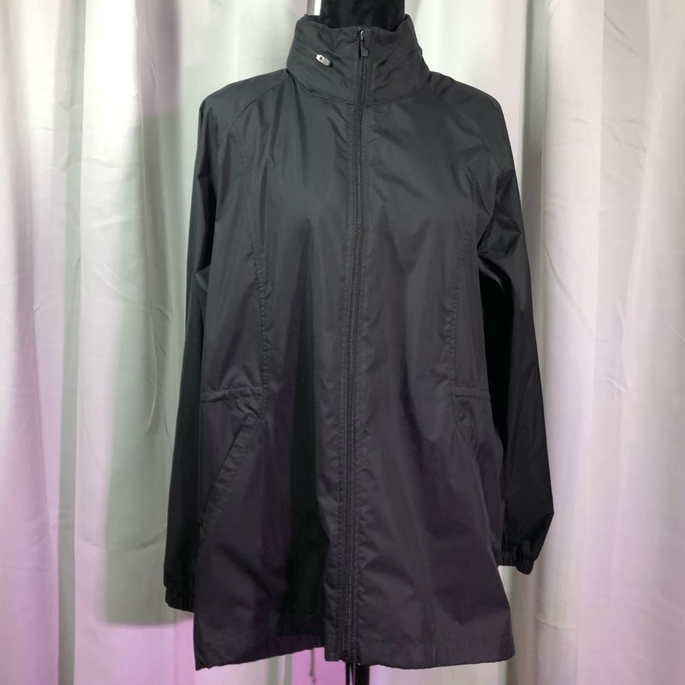 Xersion Black Running Windbreaker Rain Jacket Hidden Hood Reflector Stripes XL
